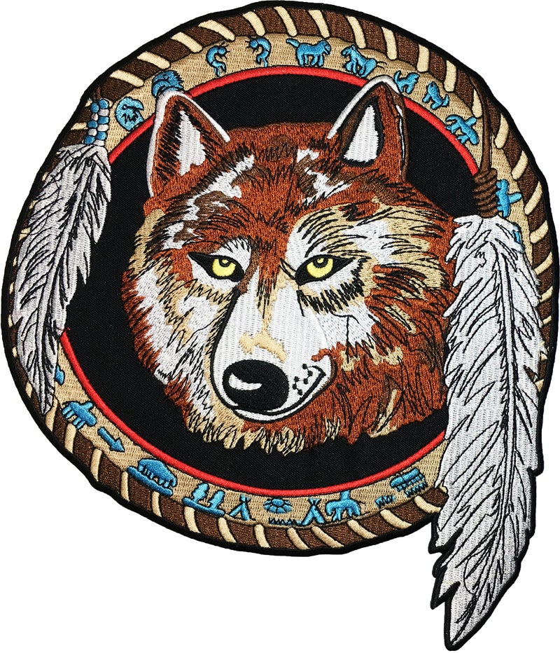 Large Size Papapatch Lone Wolf Dream Catcher Indian Feather Fox Biker Rider Motorcycle Chopper Jacket Vest Costume Sew on Iron on Embroidered Applique Patch IronWolfFeatherLarge