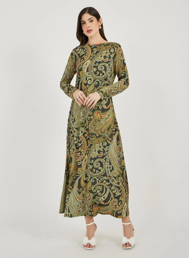 Styli All Over Print Long Sleeves A-line Maxi Dress