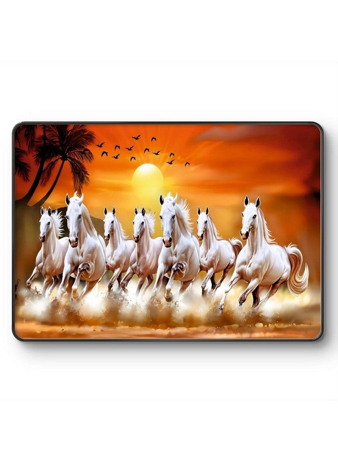 SAF Cotton 7 Running Horses At Sunrise Vastu Wall Painting With Frame - Sparkle Glossy Round Black Framed Large Painting For Office, Living Room, Bedroom, Home Wall Decoration (Multicolour, 14 X 10) - Image 1