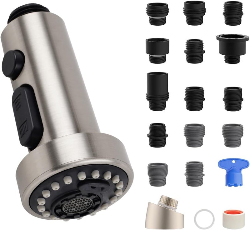 Hibbent Pull Down Kitchen Faucet Head Replacement, 3 Function Sink Faucet Sprayer Head Nozzle with 15 Adapters, Compatible with Moen, American Standard, Delta, Kohler Faucets, Brushed Nickel - Image 1