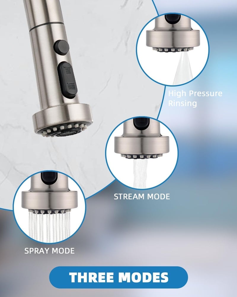 Hibbent Pull Down Kitchen Faucet Head Replacement, 3 Function Sink Faucet Sprayer Head Nozzle with 15 Adapters, Compatible with Moen, American Standard, Delta, Kohler Faucets, Brushed Nickel - Image 2