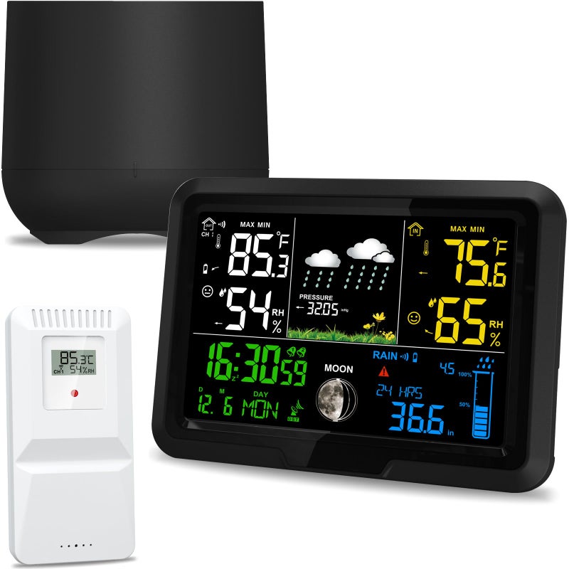 YZDTECH Digital Wireless Rain Gauge Outdoor, Home Weather Station Wireless Indoor Outdoor with Self-Emptying Rain Gauge, Thermometer, Barometer, Hygrometer, Atomic Clock, Weather Forecast and Alerts - Image 1