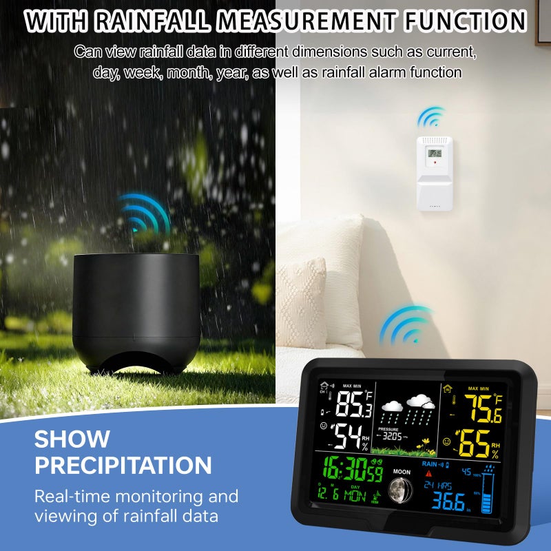 YZDTECH Digital Wireless Rain Gauge Outdoor, Home Weather Station Wireless Indoor Outdoor with Self-Emptying Rain Gauge, Thermometer, Barometer, Hygrometer, Atomic Clock, Weather Forecast and Alerts - Image 2