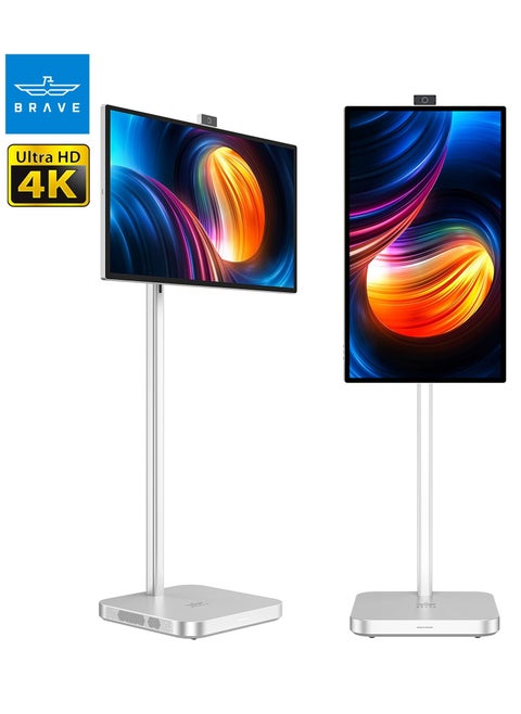 شاشة أندرويد ذكية محمولة تعمل باللمس مقاس 32 بوصة تعمل باللمس 3840 × 2160 4K 4K UHD @ 60 هرتز زاوية عرض عريضة، حامل قابل للتعديل والتحريك، شاشة ذكية للعرض الأفقي والعمودي، بطارية مدمجة