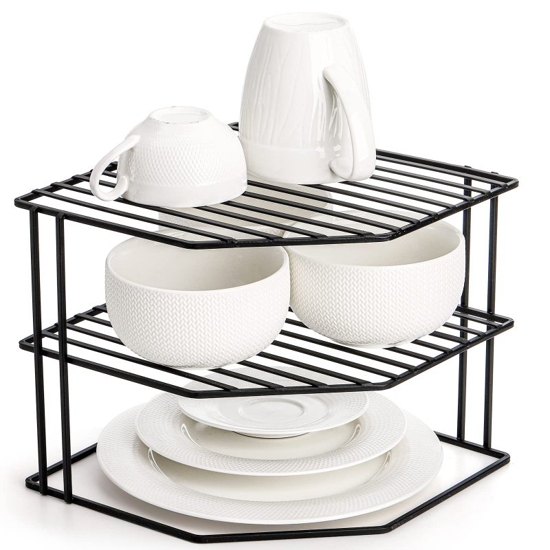 Frcctre 3Tier Kitchen Corner Shelf Rack Counter and Cabinet Organizer 9x9x75 Inch Metal Wire Kitchen Counter Pantry Cabinet Organizer and Storage Shelf for Plates Cups Dishes