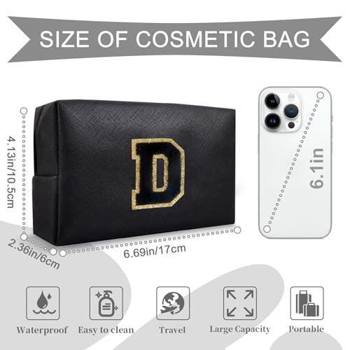 ChaoGreat Personalized Initial A-Z Preppy Patch Makeup Bag,Small PU Chenille Letter Cosmetic Bag with Zipper for Teen Girls,Black Cute Toiletry Organizer Bag,Monogram Makeup Case Gift for Women Girls,Letter D - Image 2