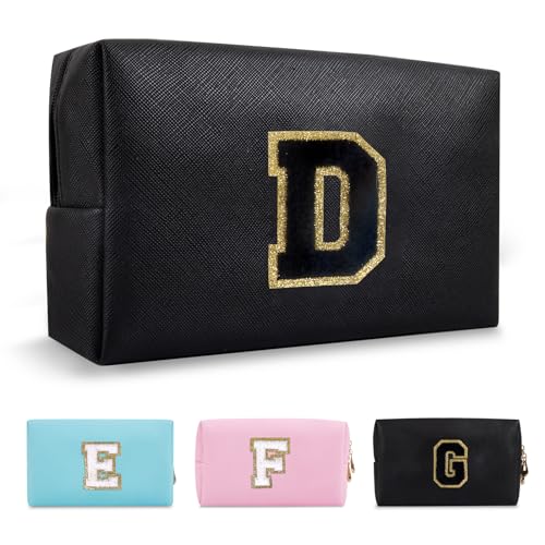ChaoGreat Personalized Initial A-Z Preppy Patch Makeup Bag,Small PU Chenille Letter Cosmetic Bag with Zipper for Teen Girls,Black Cute Toiletry Organizer Bag,Monogram Makeup Case Gift for Women Girls,Letter D - Image 1