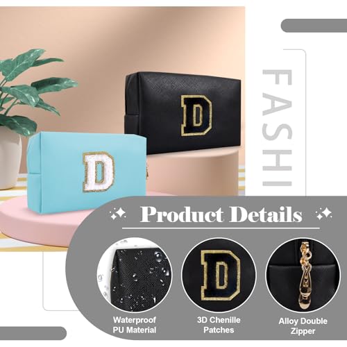ChaoGreat Personalized Initial A-Z Preppy Patch Makeup Bag,Small PU Chenille Letter Cosmetic Bag with Zipper for Teen Girls,Black Cute Toiletry Organizer Bag,Monogram Makeup Case Gift for Women Girls,Letter D - Image 3