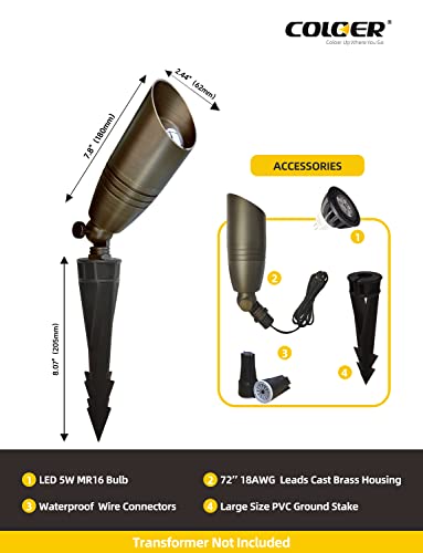 COLOER Die-cast Brass Landscape Spotlights Outdoor with 5W Aluminum Housing LED MR16 Bulb 2700K 450LM,12V AC/DC Low Voltage Lighting, Outdoor Directional Up Light, Spot Lights for Yard(102B,1 Pack) - Image 4