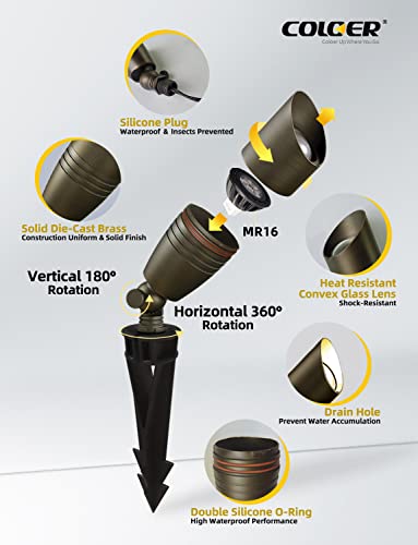 COLOER Die-cast Brass Landscape Spotlights Outdoor with 5W Aluminum Housing LED MR16 Bulb 2700K 450LM,12V AC/DC Low Voltage Lighting, Outdoor Directional Up Light, Spot Lights for Yard(102B,1 Pack) - Image 3
