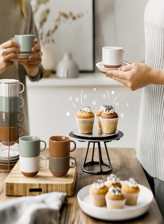 سويز طقم أكواب كابتشينو سويز 8 أونصة، مكون من 4 أكواب قهوة بورسلين قابلة للتكديس مع أطباق وحامل معدني، متعدد الألوان - Image 4