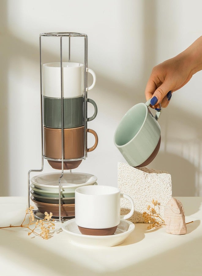 سويز طقم أكواب كابتشينو سويز 8 أونصة، مكون من 4 أكواب قهوة بورسلين قابلة للتكديس مع أطباق وحامل معدني، متعدد الألوان - Image 3