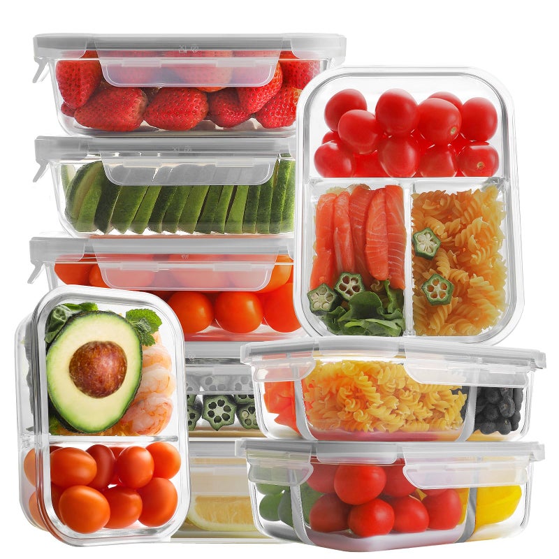 Bayco 9 Pack Glass Meal Prep Containers  3 2  1 Compartment Glass Food Storage Containers with Lids Airtight  Leak Proof BPAFree Lunch Bento Boxes  Grey