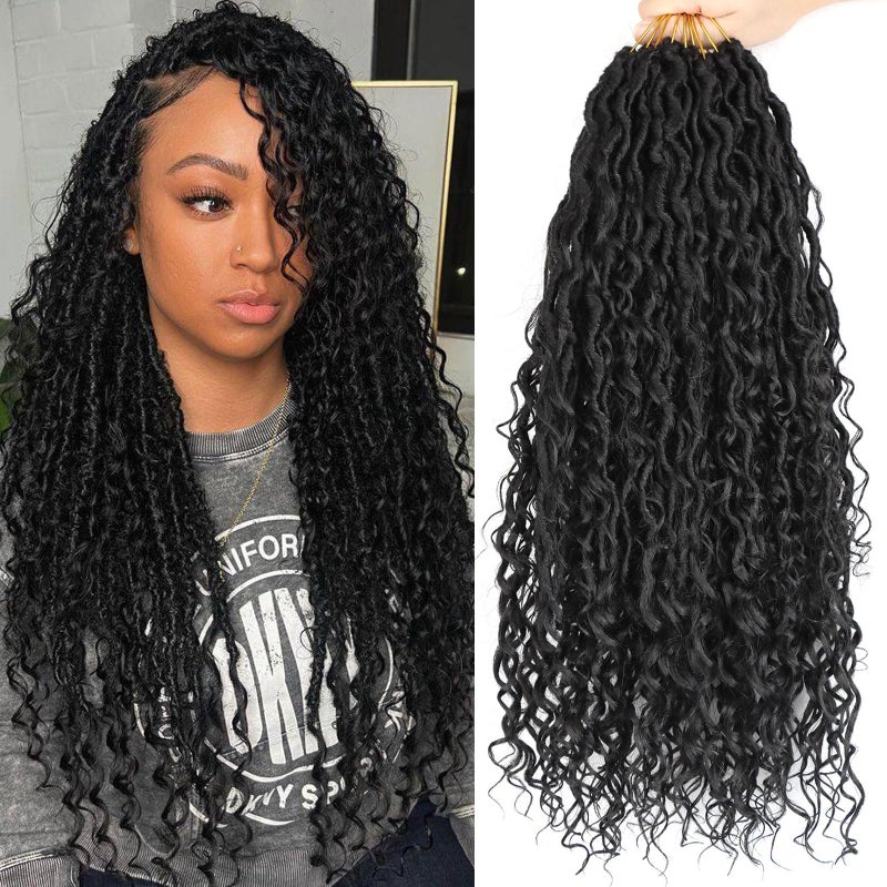 LMZIM 18 inch Goddess Locs Crochet Hair Pre Looped 8 Packs Crochet Locs with Curly Ends Boho Faux Locs Crochet Braids for Black Women Soft River Locs Crochet Hair 1B