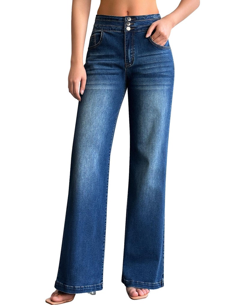 roswear Womens Wide Leg Jeans Casual High Waisted Stretch Baggy Loose Denim Pants Blue Medium
