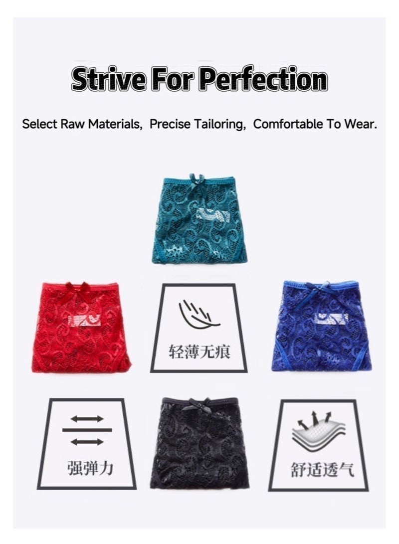 (4-pack) Lace pattern semi-transparent V-waist elastic breathable sexy mid-waist women's panties, suitable for everyday wear. - Image 3