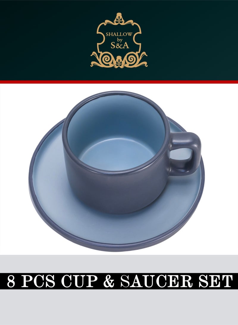 Shallow Stoneware OSLO 8-Piece Tea Cup & Saucer Set - Grey Ceramic Crockery - Image 4