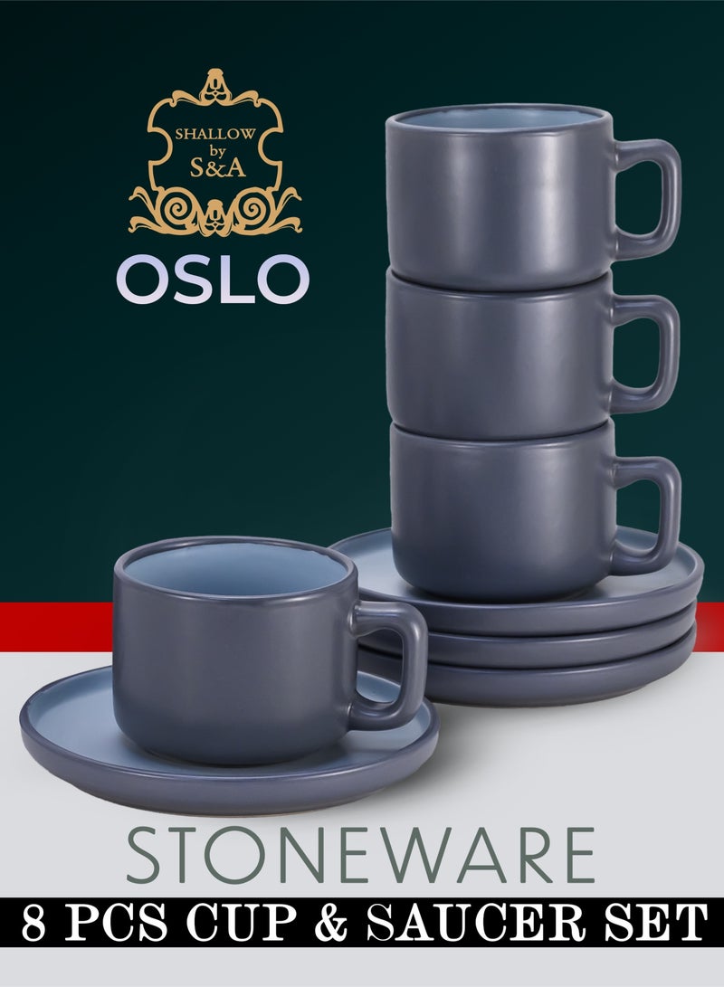 Shallow Stoneware OSLO 8-Piece Tea Cup & Saucer Set - Grey Ceramic Crockery - Image 1