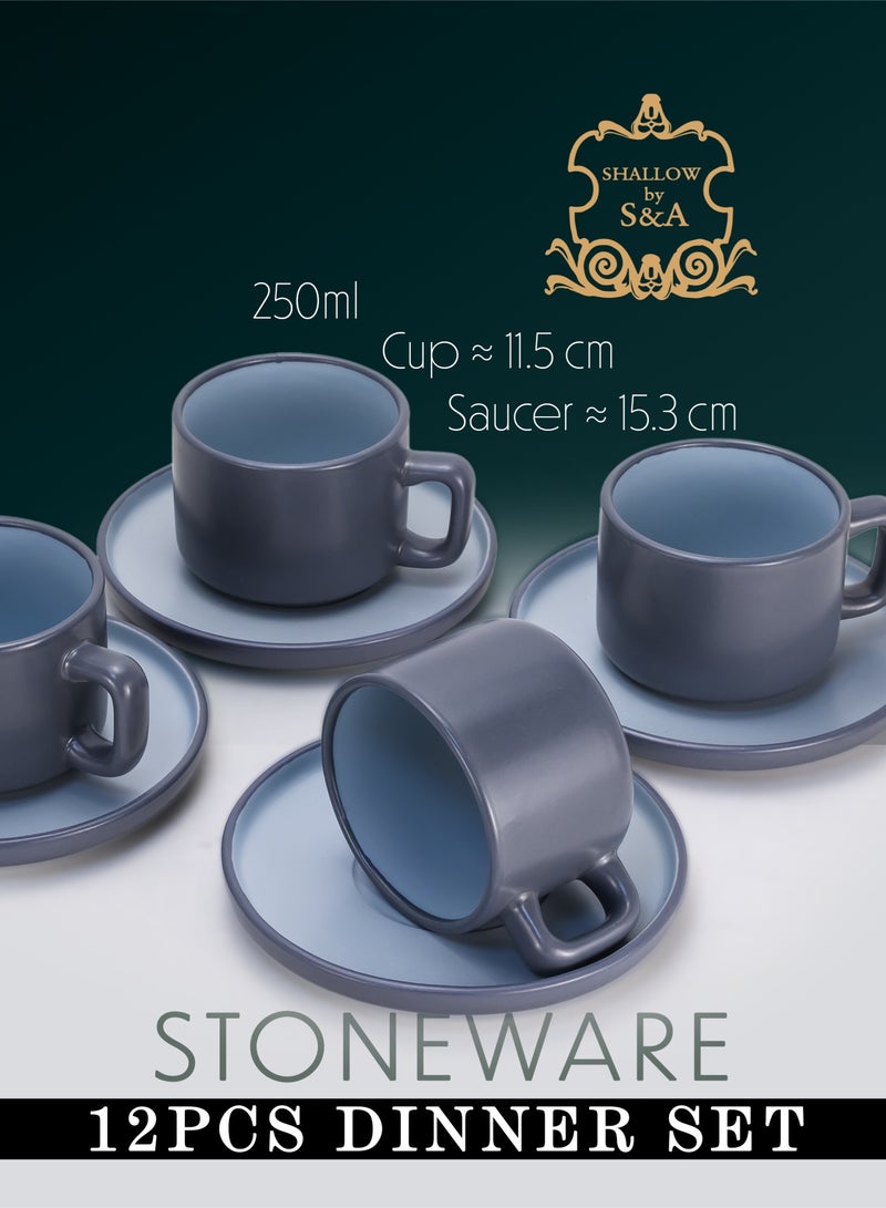 Shallow Stoneware OSLO 8-Piece Tea Cup & Saucer Set - Grey Ceramic Crockery - Image 3