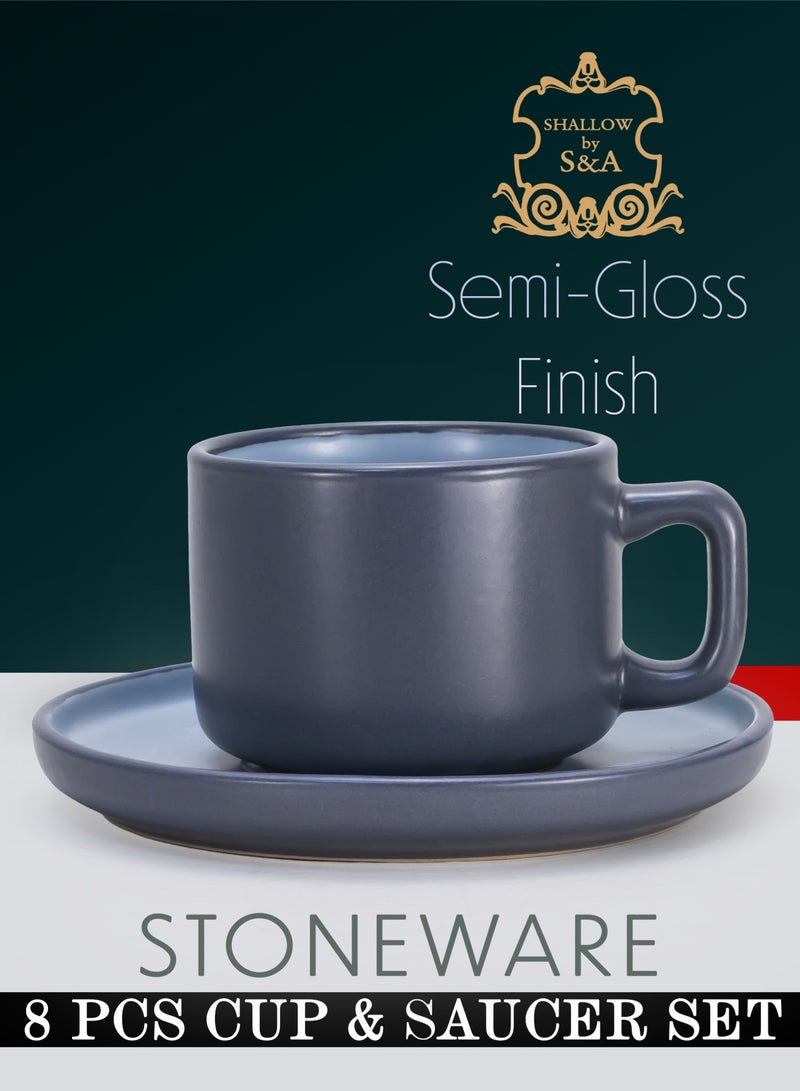 Shallow Stoneware OSLO 8-Piece Tea Cup & Saucer Set - Grey Ceramic Crockery - Image 2