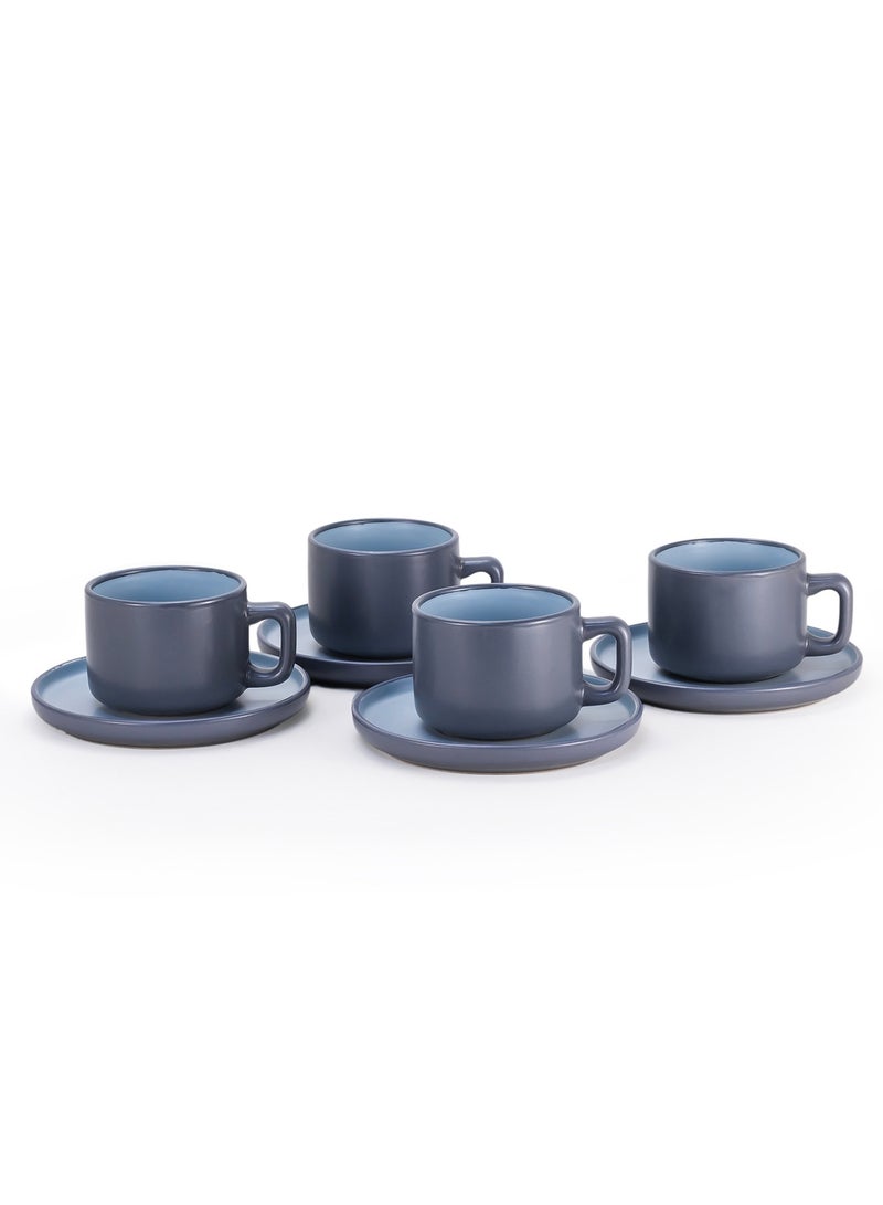 Shallow Stoneware OSLO 8-Piece Tea Cup & Saucer Set - Grey Ceramic Crockery - Image 5