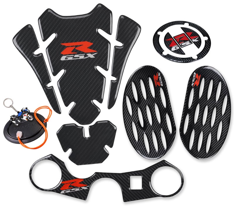 REVSOSTAR Real Carbon Look Gas Cap, Tank Pad, Triple Tree Front End Upper Top Clamp Decal Stickers,Tank Protector with Kick Stand Coaster for GSXR 600 GSXR 750 GSXR 1000 K6 K7 K8 K9 L1 2006-2017 - Image 1