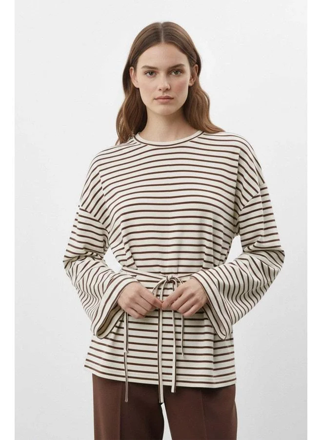 Soul Women's Long Sleeve Striped Waist-Tied Relaxed Fit Tunic-32484TUN - BROWN.