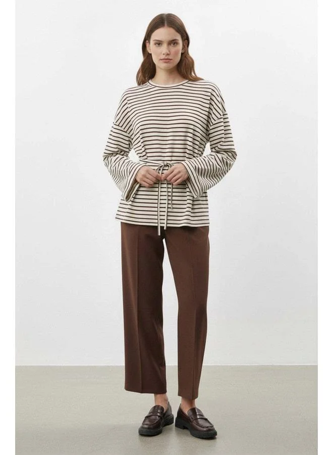 Soul Women's Long Sleeve Striped Waist-Tied Relaxed Fit Tunic-32484TUN - BROWN.