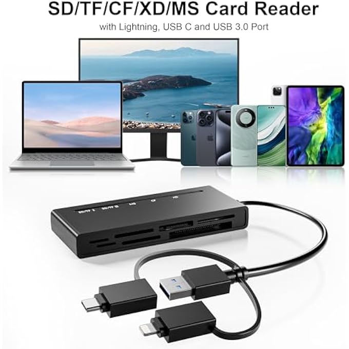 rayihni MEMORY STICK PRO DUO ADAPTER FOR IPHONE/USB C/PC - 7 IN 1 2X SD/ 2X TF/CF/MS/XD PICTURE CARD READER, MULTI MEMORY CARD READER USB C LIGHTNING OTG ADAPTER MEMORY STICK PRO DUO READER FOR IPHONE - Image 2