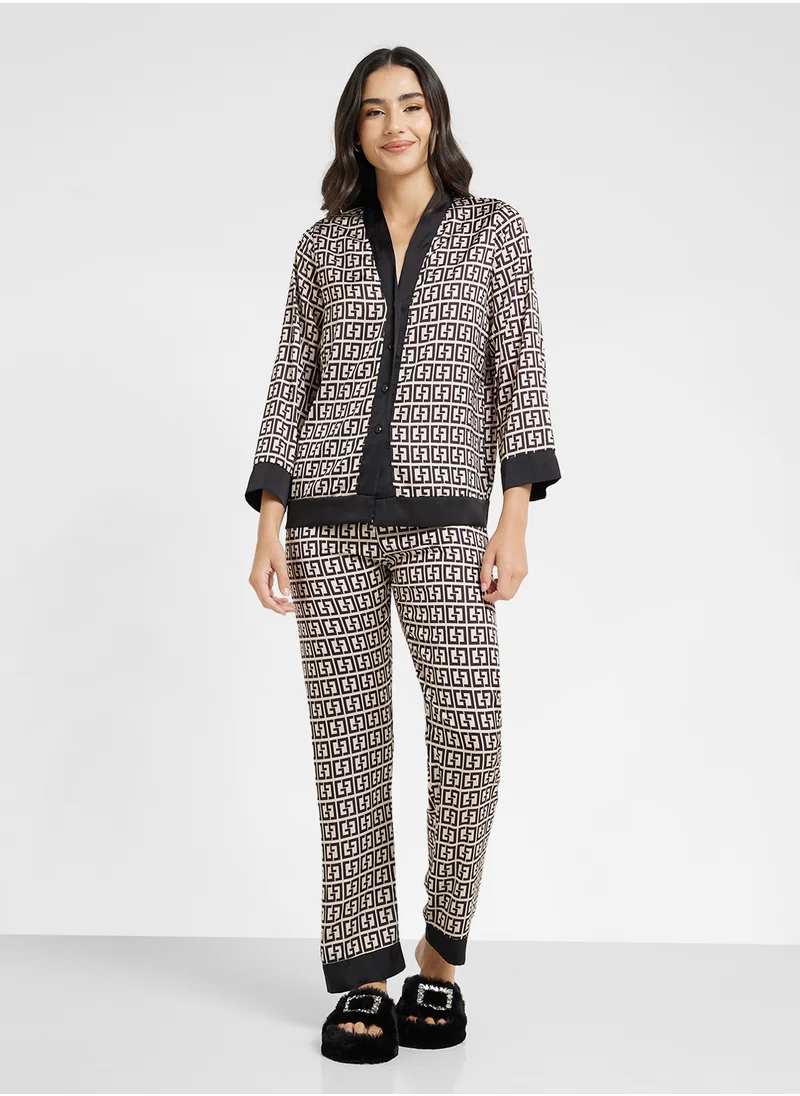 جينجر Printed Button Down Shirt & Pyjama Set
