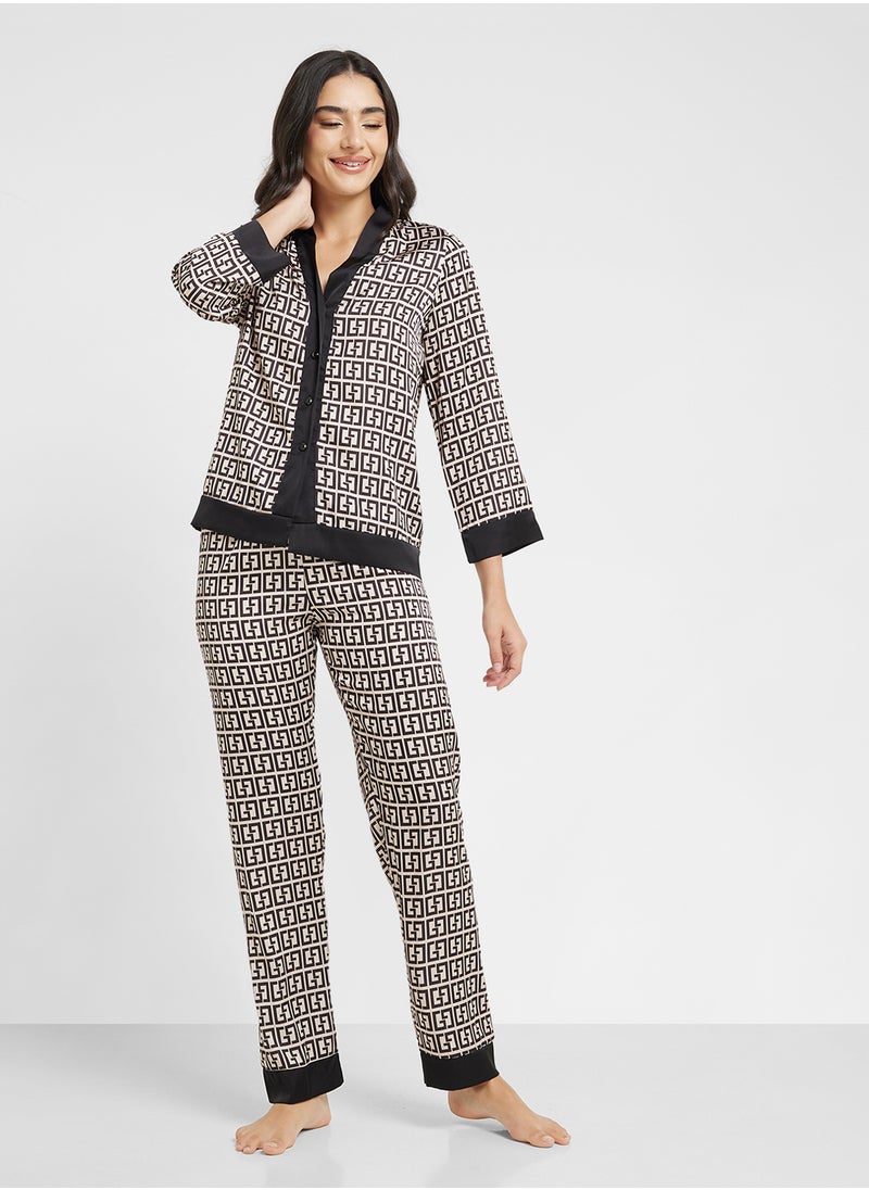 Ginger - Printed Button Down Shirt & Pyjama Set - Image 1