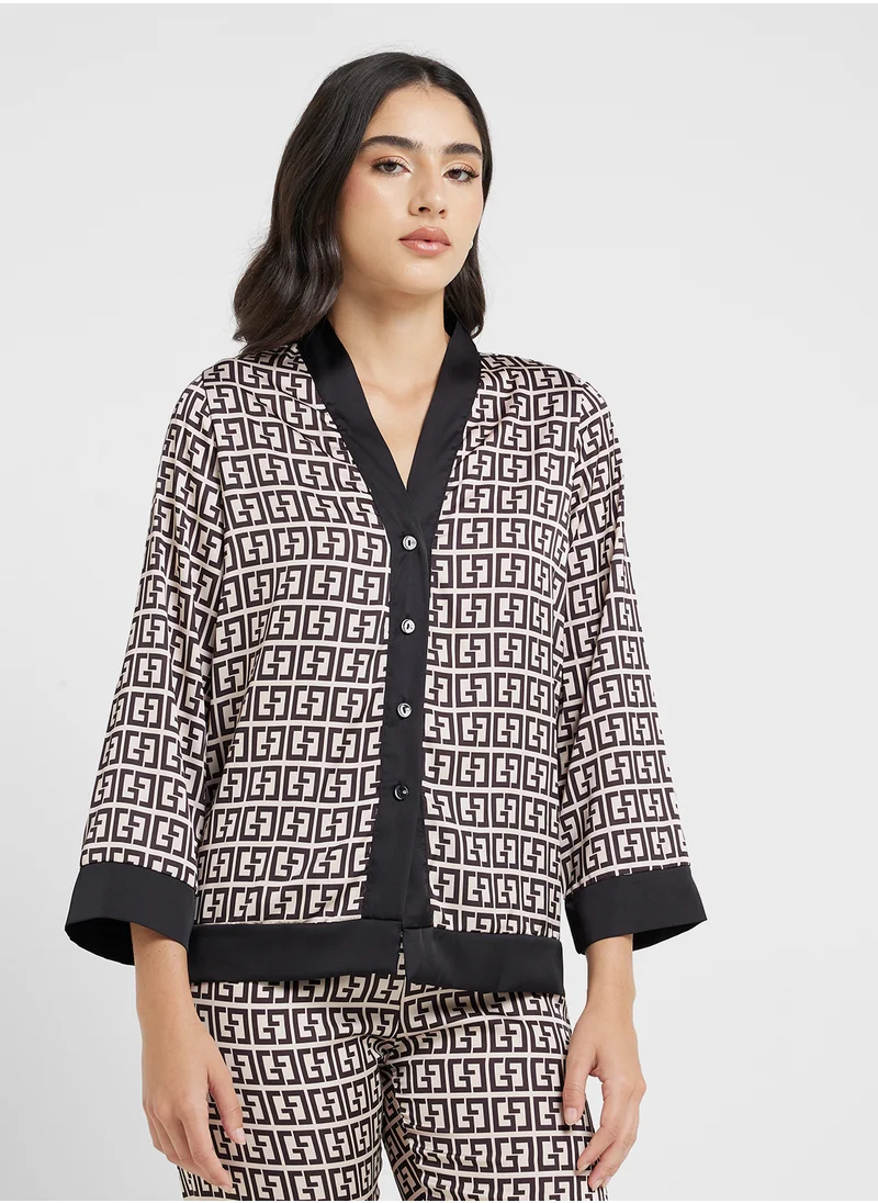 جينجر Printed Button Down Shirt & Pyjama Set