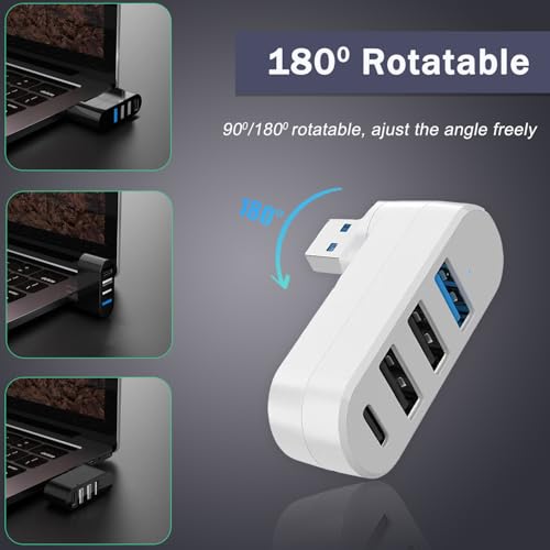 VIENON 4-Port USB 3.0 Hub [90/180 Rotatable], USB Splitter with 3 USB Ports & 1 USB C Power/Data Port, USB Extender for Laptops, Cars, iMac, MacBook Air, MacBook Pro - Image 3