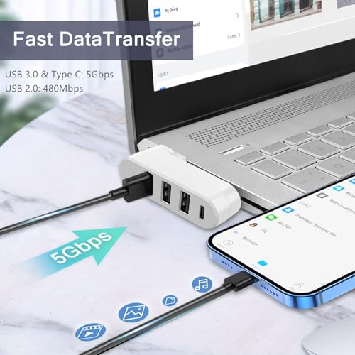 VIENON 4-Port USB 3.0 Hub [90/180 Rotatable], USB Splitter with 3 USB Ports & 1 USB C Power/Data Port, USB Extender for Laptops, Cars, iMac, MacBook Air, MacBook Pro - Image 4