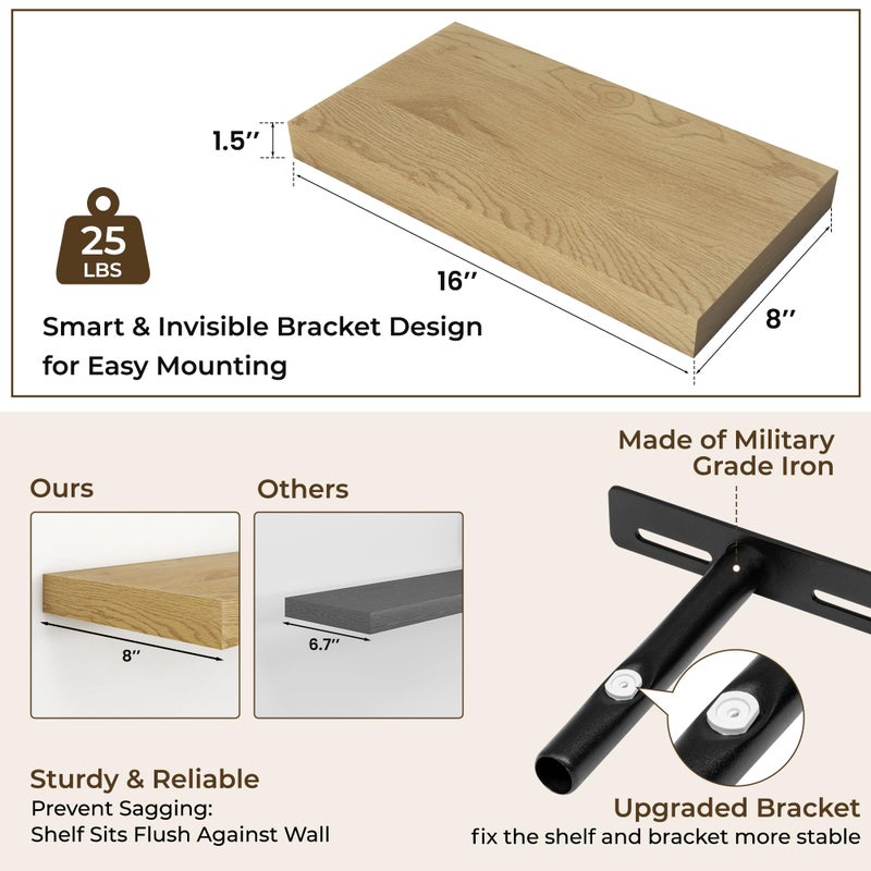 RICHFOCUS 16Inch Floating Shelves for Wall 2 Pack Shelves for Bedroom|Kitchen|Bathroom Wall Mounted Rustic Wood Floating Shelf with Invisible Brackets for Books|Storage|Decor, Oak - Image 4