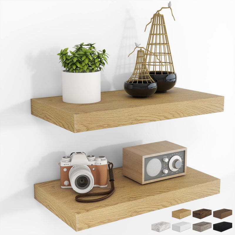 RICHFOCUS 16Inch Floating Shelves for Wall 2 Pack Shelves for Bedroom|Kitchen|Bathroom Wall Mounted Rustic Wood Floating Shelf with Invisible Brackets for Books|Storage|Decor, Oak - Image 1
