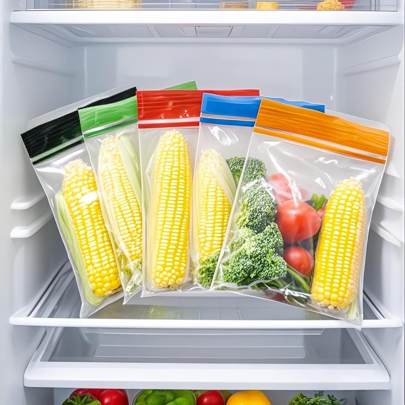 FERENLI حزمة المكونة من 100 كيس تخزين غذائي شفاف قابل لإعادة الإغلاق، أبعاد 3.94×5.91 بوصة، مزود بختم أعلى ملون، مصنوع من بلاستيك سميك، مع سحاب لتنظيم الوجبات الخفيفة (لون أحمر) - Image 3