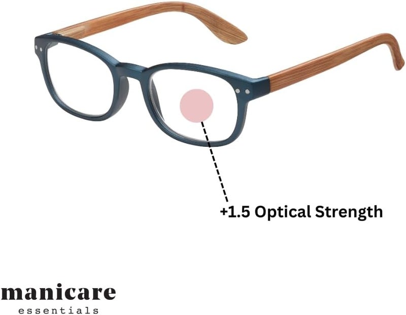 Manicare Reading Glasses For Men And Women Comfortable Lightweight With Strong Comfort Flex Hinges AntiGlare Lenses Blue Metal Effect Frames With Wood Print Arms With Glasses Pouch 15 Strength - Image 5