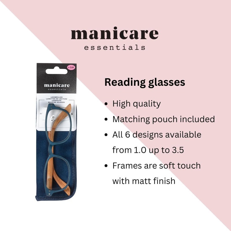 Manicare Reading Glasses For Men And Women Comfortable Lightweight With Strong Comfort Flex Hinges AntiGlare Lenses Blue Metal Effect Frames With Wood Print Arms With Glasses Pouch 15 Strength - Image 2