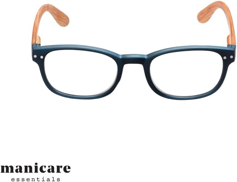 Manicare Reading Glasses For Men And Women Comfortable Lightweight With Strong Comfort Flex Hinges AntiGlare Lenses Blue Metal Effect Frames With Wood Print Arms With Glasses Pouch 15 Strength - Image 3
