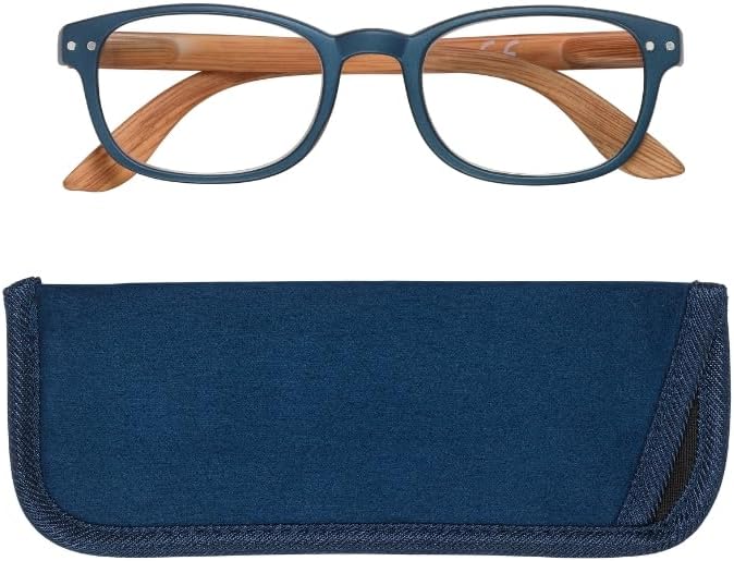 Manicare Reading Glasses For Men And Women Comfortable Lightweight With Strong Comfort Flex Hinges AntiGlare Lenses Blue Metal Effect Frames With Wood Print Arms With Glasses Pouch 15 Strength - Image 1