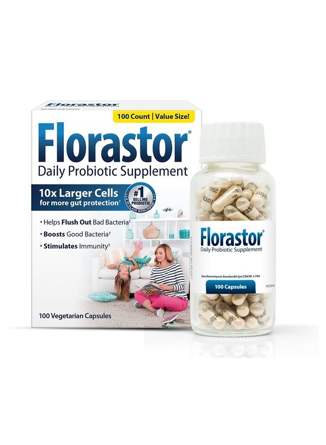 Florastor Daily Probiotic Supplement for Women and Men, Proven to Support Digestive Health, Saccharomyces Boulardii CNCM I-745 (100 Capsules) - Image 1