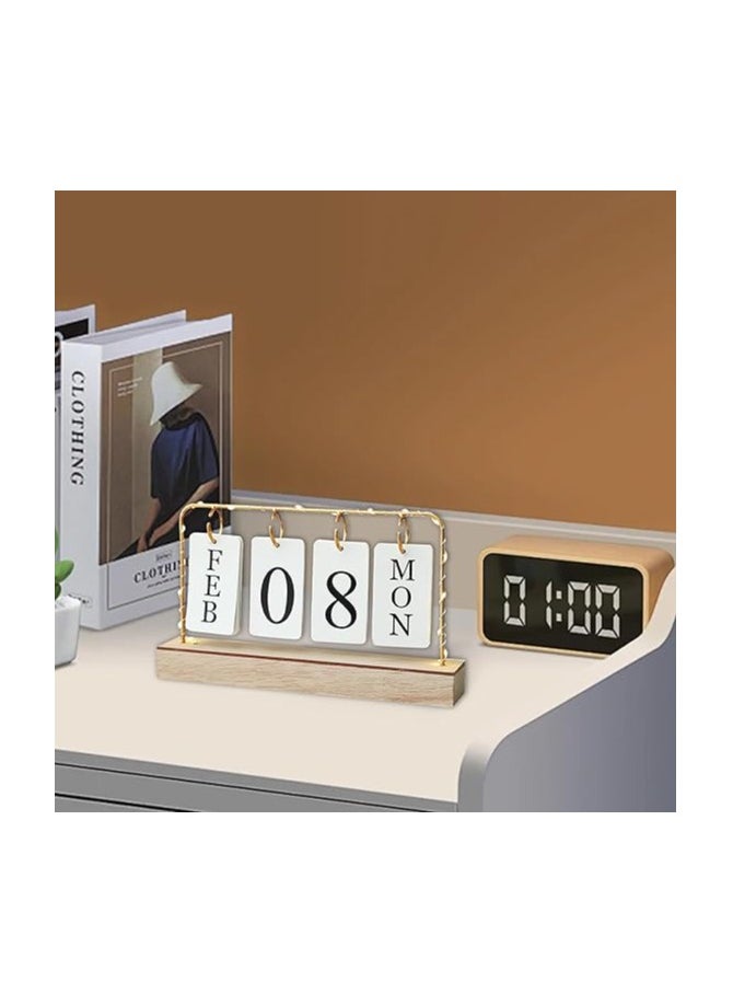 Generic 2023 Perpetual Metal Desk Calendar with Flip Stand and Wood Base Daily Weekly Monthly Planning for Office Home Kitchen Decor by Ostaf - White  - Image 1