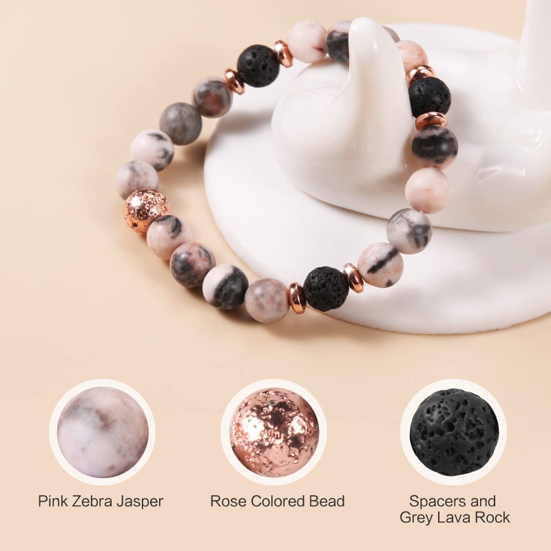 ARCUAT Healing Bracelet for Women, Anxiety Stress Relief Lava Rock Essential Oil Pink Crystal Stone Beaded Bracelet, Calming Spiritual Mood Rose Quartz Bead Stretch Bracelets (8mm Beads) - Image 2