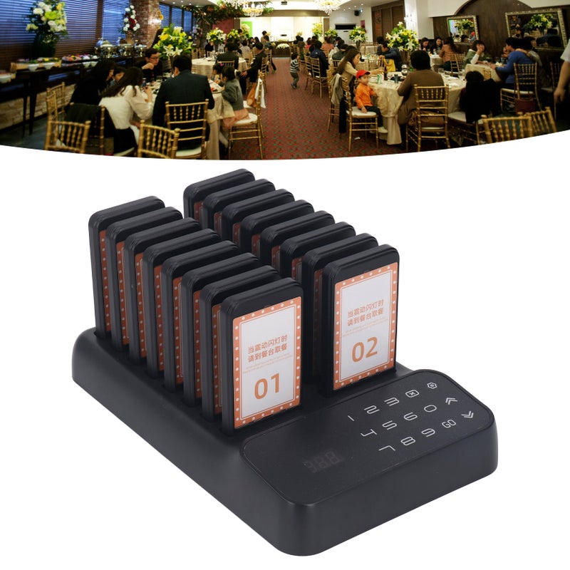 Restaurant Pager System Wireless Calling Queuing System Restaurant Waiting Buzzers Vibration 16 Guest Pagers 100‑240V UK Plug - Image 2