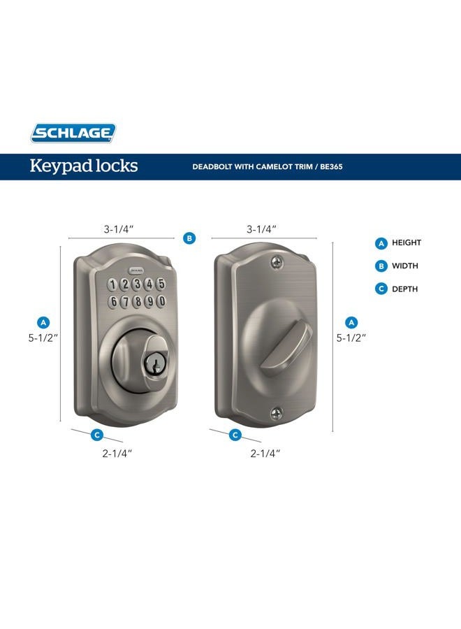 SCHLAGE قفل شلايج BE365 V CAM 619 كاميلوت مع لوحة مفاتيح، قفل إلكتروني بدون مفتاح، نيكل ساتين - Image 3