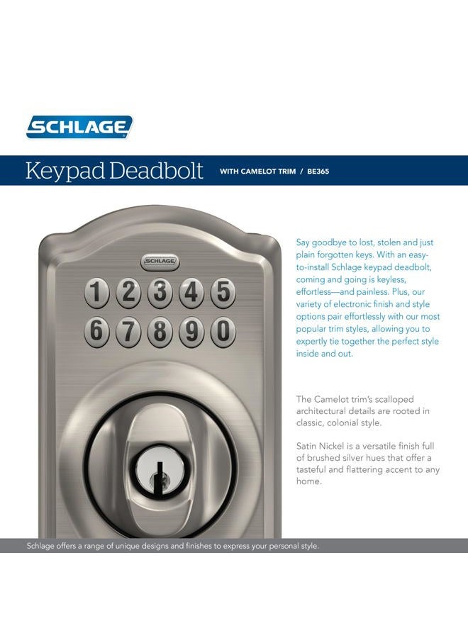 SCHLAGE قفل شلايج BE365 V CAM 619 كاميلوت مع لوحة مفاتيح، قفل إلكتروني بدون مفتاح، نيكل ساتين - Image 5