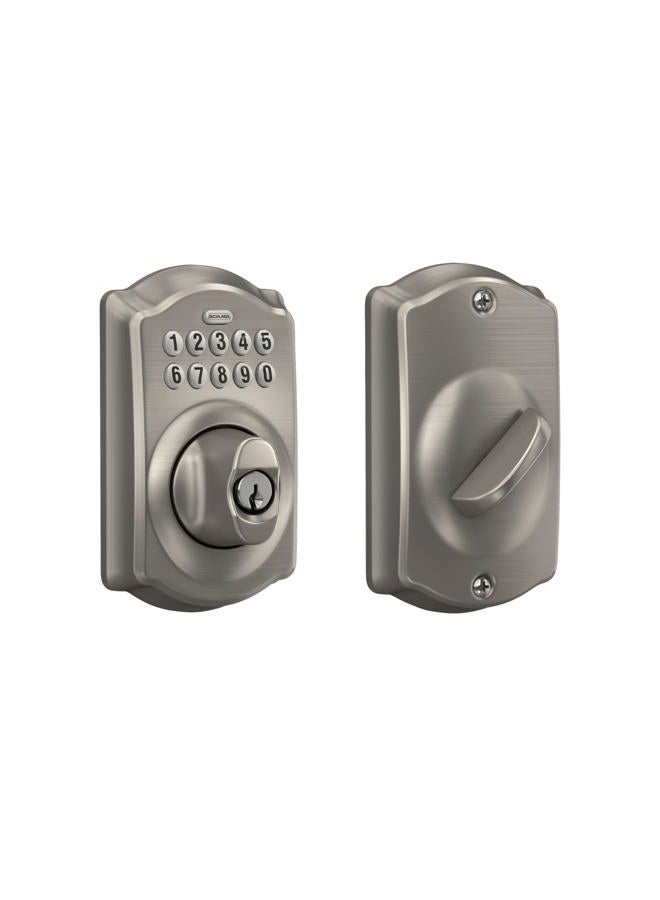 SCHLAGE قفل شلايج BE365 V CAM 619 كاميلوت مع لوحة مفاتيح، قفل إلكتروني بدون مفتاح، نيكل ساتين - Image 1