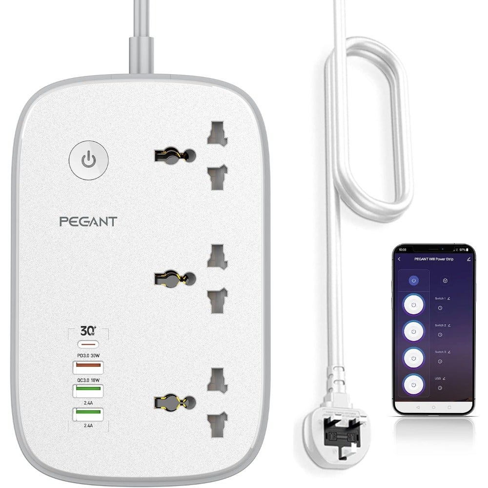 Wifi Smart Power Strip Extension Cord Surge Protector with 3 Universal Outlets Compatible with Alexa Google Assistant 30W USB-C Fast Charging + 4 USB-A Ports 2M Cable Home Office Use