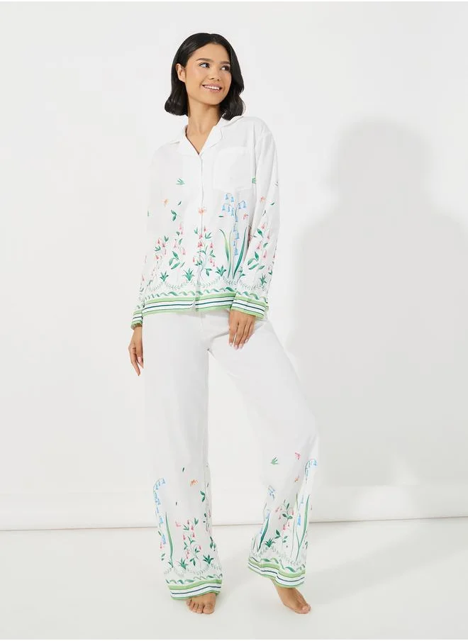 Styli Floral Print Long Sleeves Shirt & Pants Pyjama Set